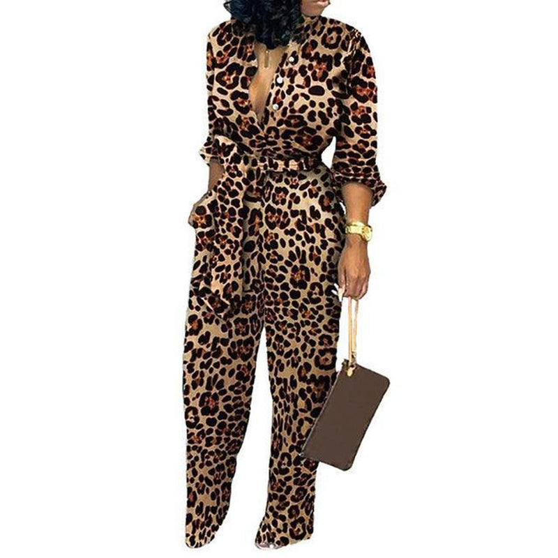 Leopard Long Sleeve Sexy Knotted Jumpsuit